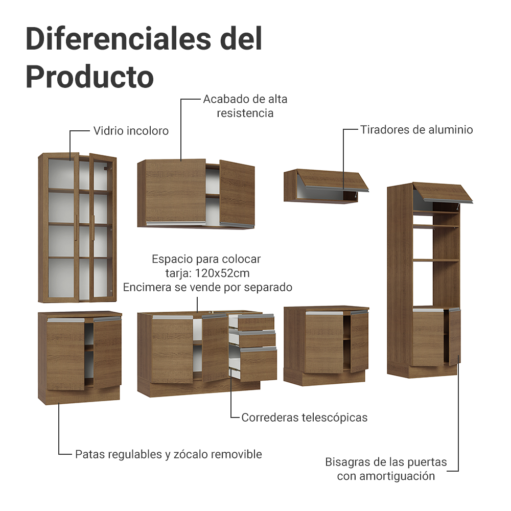 Cocina Integral 340 cm Con Vitrina y Mueble para Horno Marrón Glamy Madesa