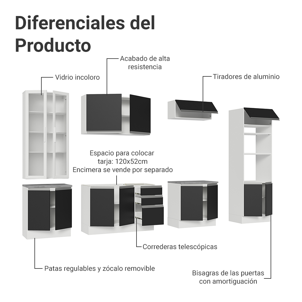 Cocina Integral 340 cm Con Vitrina y Mueble para Horno Blanco/Negro Glamy Madesa
