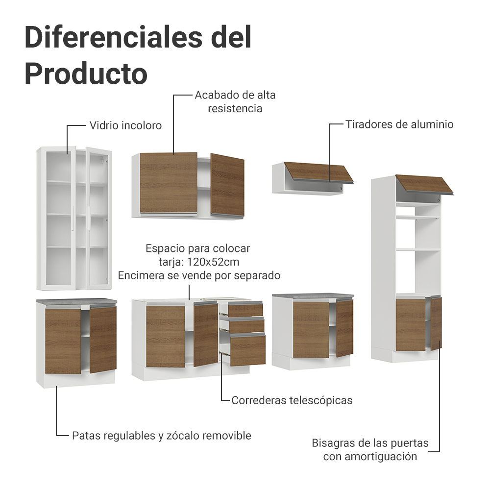 Cocina Integral 340 cm Con Vitrina y Mueble para Horno Blanco/Marrón Glamy Madesa