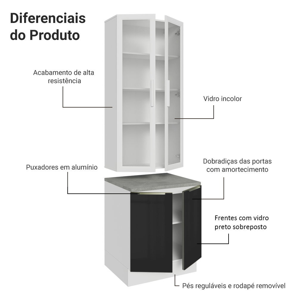 Kit Gabinete Bajo 2 Puertas y Vitrina 70 cm Blanco/Negro Lux Madesa