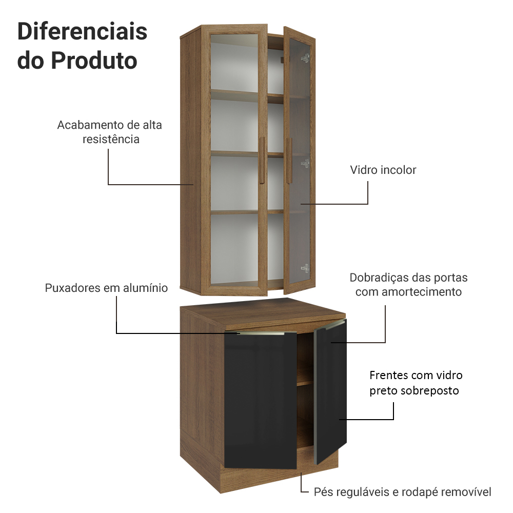 Kit Gabinete Bajo 2 Puertas y Vitrina 70 cm Marrón/Negro Lux Madesa