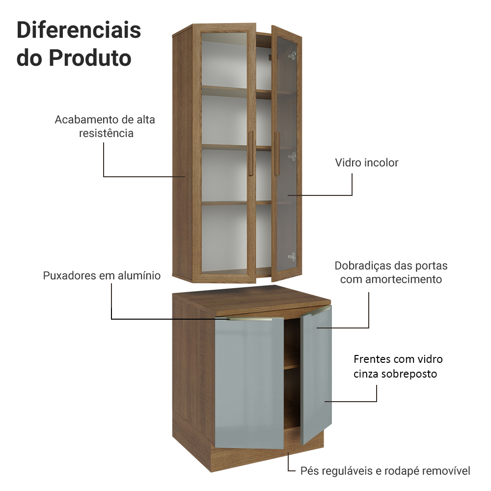 Kit Gabinete Bajo 2 Puertas y Vitrina 70 cm Marrón/Gris Lux Madesa