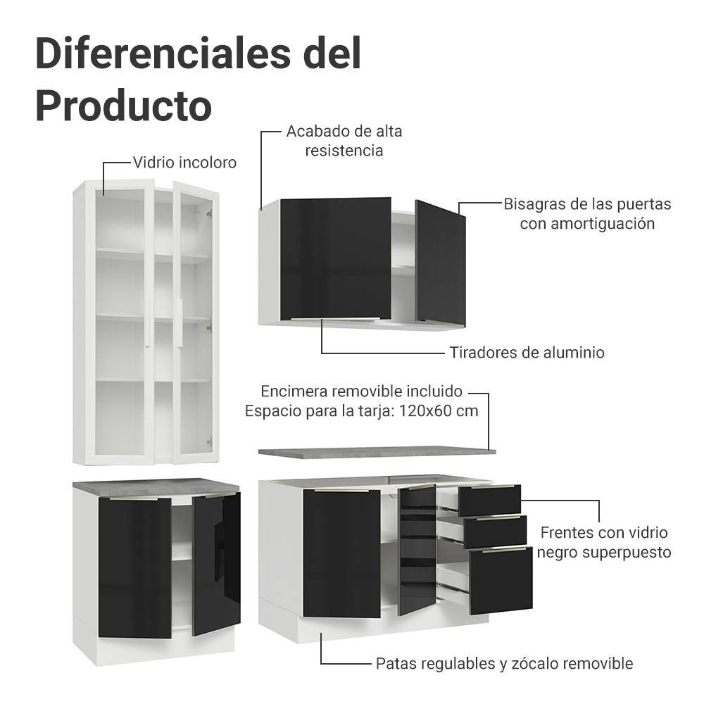 Cocina Compacta 190 cm Con Vitrina Blanco/Negro Lux Madesa