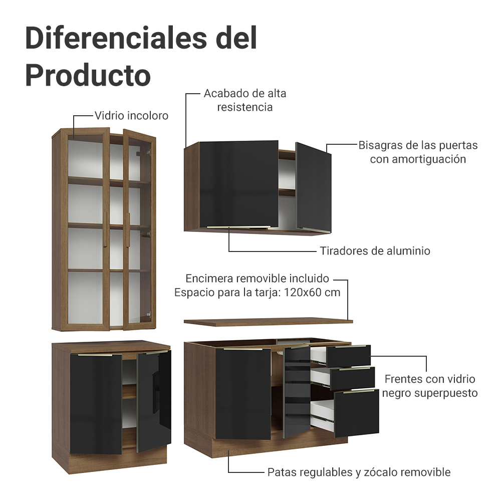 Cocina Compacta 190 cm Con Vitrina Marrón/Negro Lux Madesa
