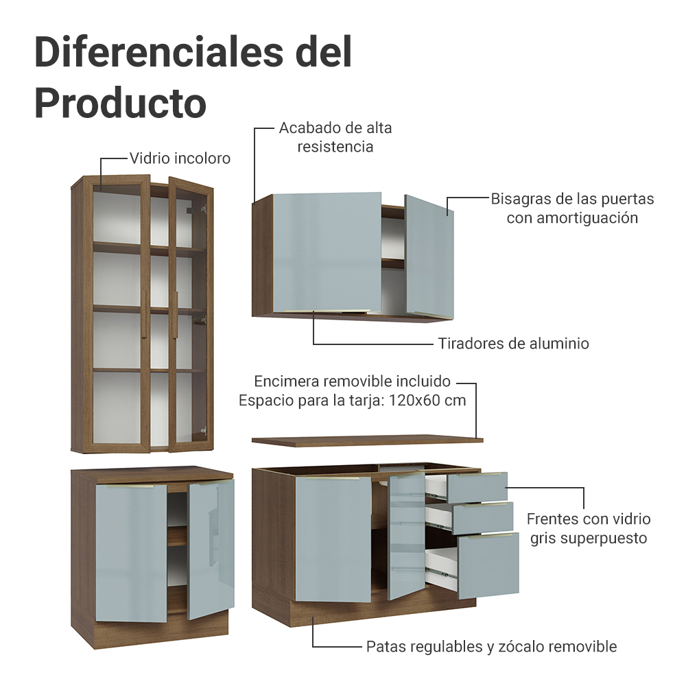 Cocina Compacta 190 cm Con Vitrina Marrón/Gris Lux Madesa