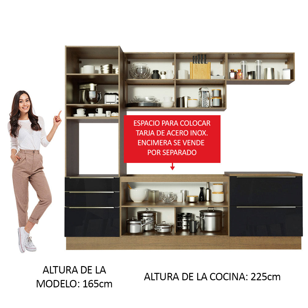 Cocina Integral 260 x 60 cm 6 Puertas 5 Cajones Con Mueble para Horno Marrón/Negro Lux Madesa