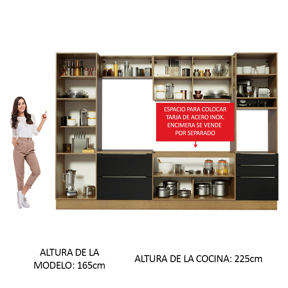 Cocina Integral 320 x 60 cm 9 Puertas 5 Cajones Con Mueble para Horno Marrón/Negro Lux Madesa 03