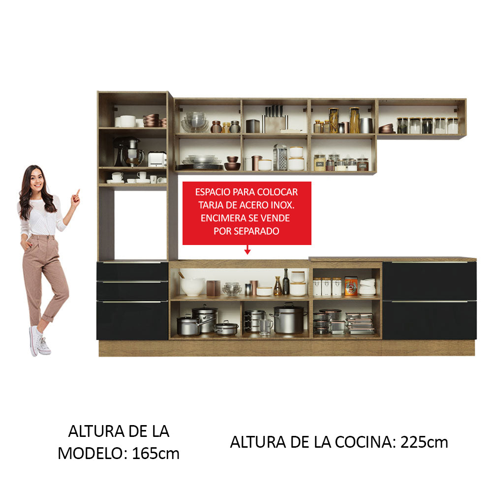 Cocina Integral 320 x 60 cm 8 Puertas 5 Cajones Con Mueble para Horno Marrón/Negro Lux Madesa