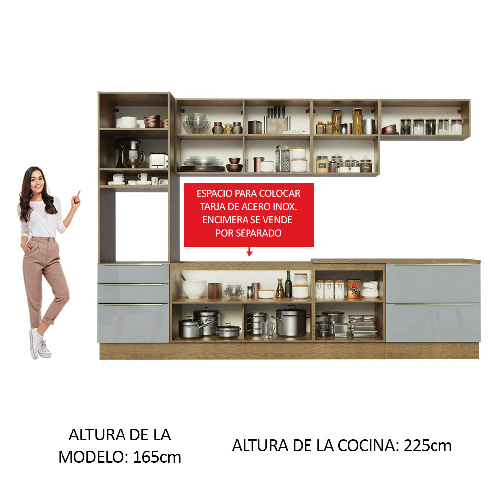Cocina Integral 320 x 60 cm 8 Puertas 5 Cajones Con Mueble para Horno Marrón/Gris Lux Madesa