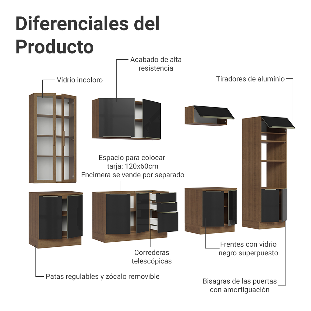 Cocina Integral 340 x 60 cm 14 Puertas 3 Cajones Con Vitrina Marrón/Negro Lux Madesa 02