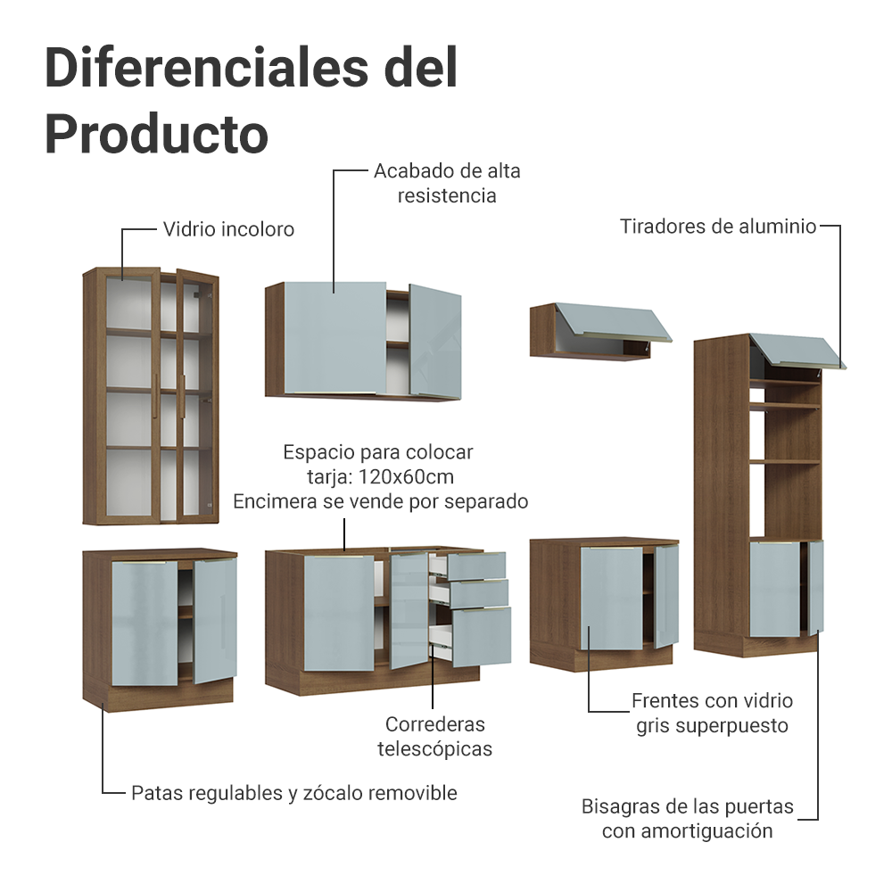 Cocina Integral 340 x 60 cm 14 Puertas 3 Cajones Con Vitrina Marrón/Gris Lux Madesa 02