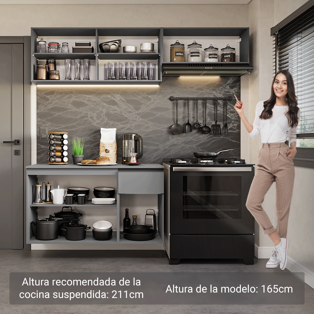 Cocina Compacta Flotante 200 x 52 cm 6 Puertas 1 Cajón Gris Nice Madesa