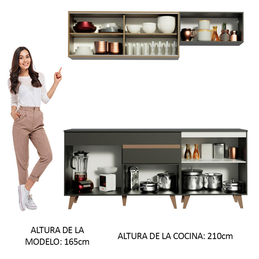 Cocina Compacta 190 x 52 cm 7 Puertas 1 Cajón Negro/Marrón Reims Madesa