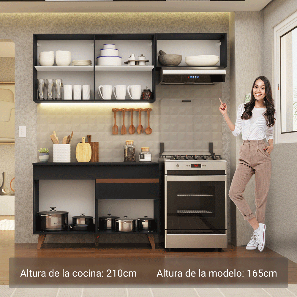 Cocina Compacta 190 x 52 cm 5 Puertas 1 Cajón Negro Reims Madesa 04