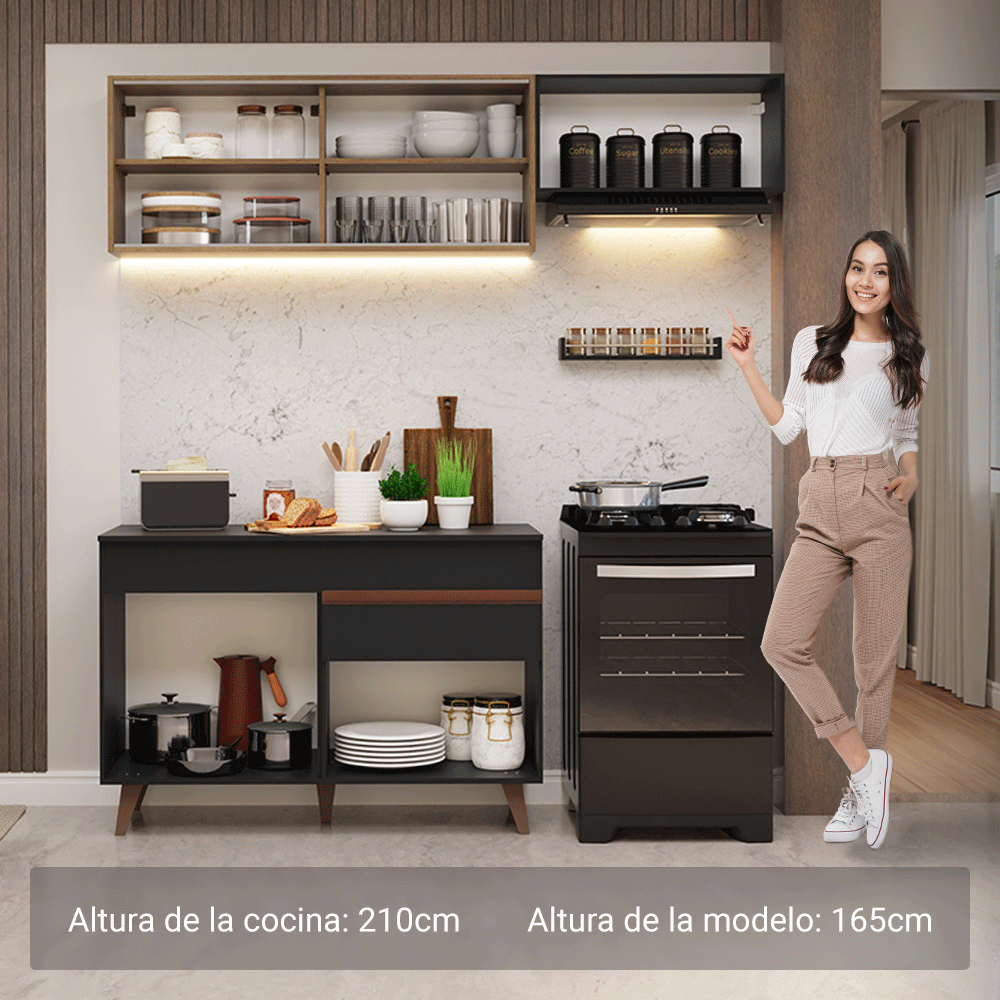 Cocina Compacta 190 x 52 cm 5 Puertas 1 Cajón Negro/Marrón Reims Madesa 05