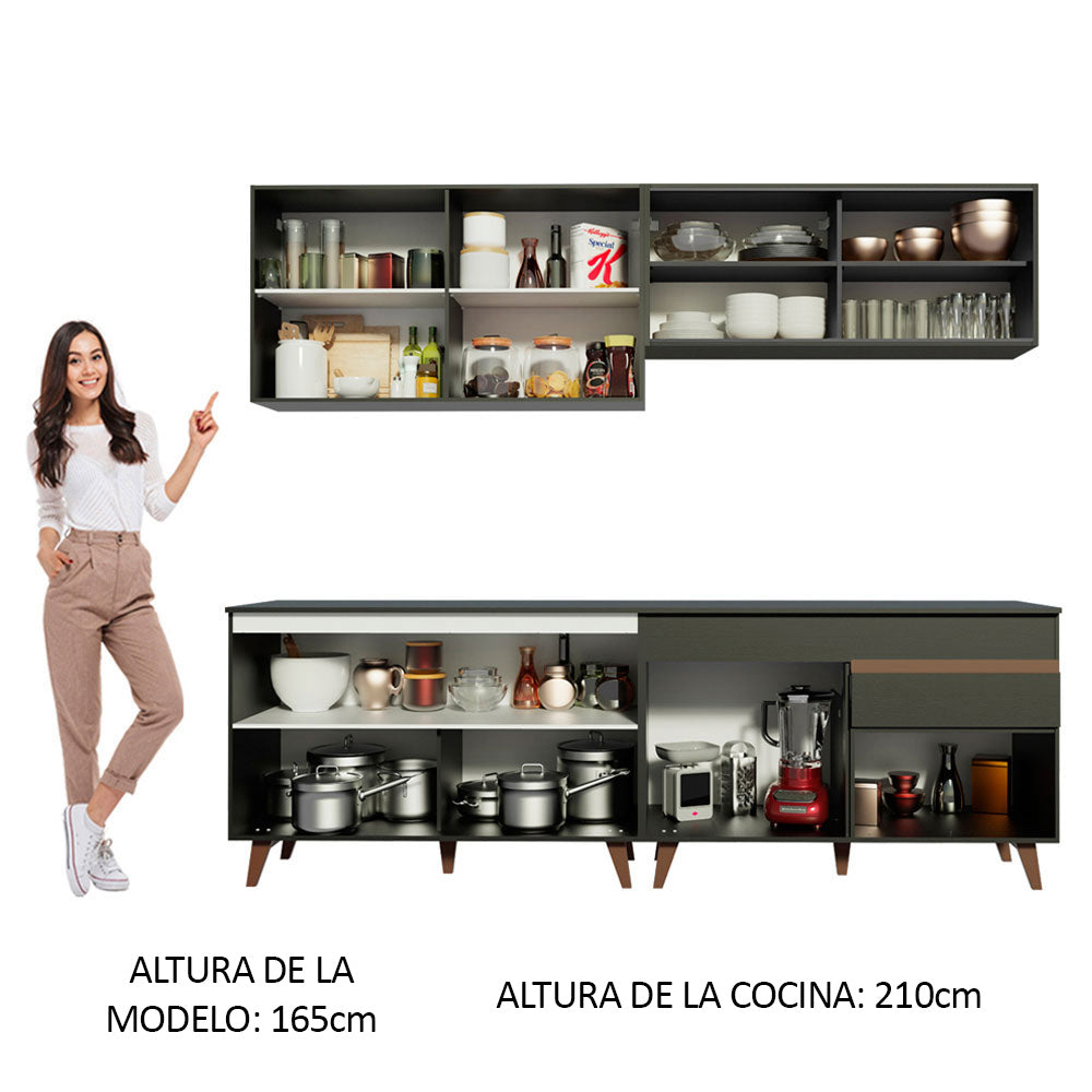 Cocina Integral 240 x 52 cm 8 Puertas 1 Cajón Negro Reims Madesa