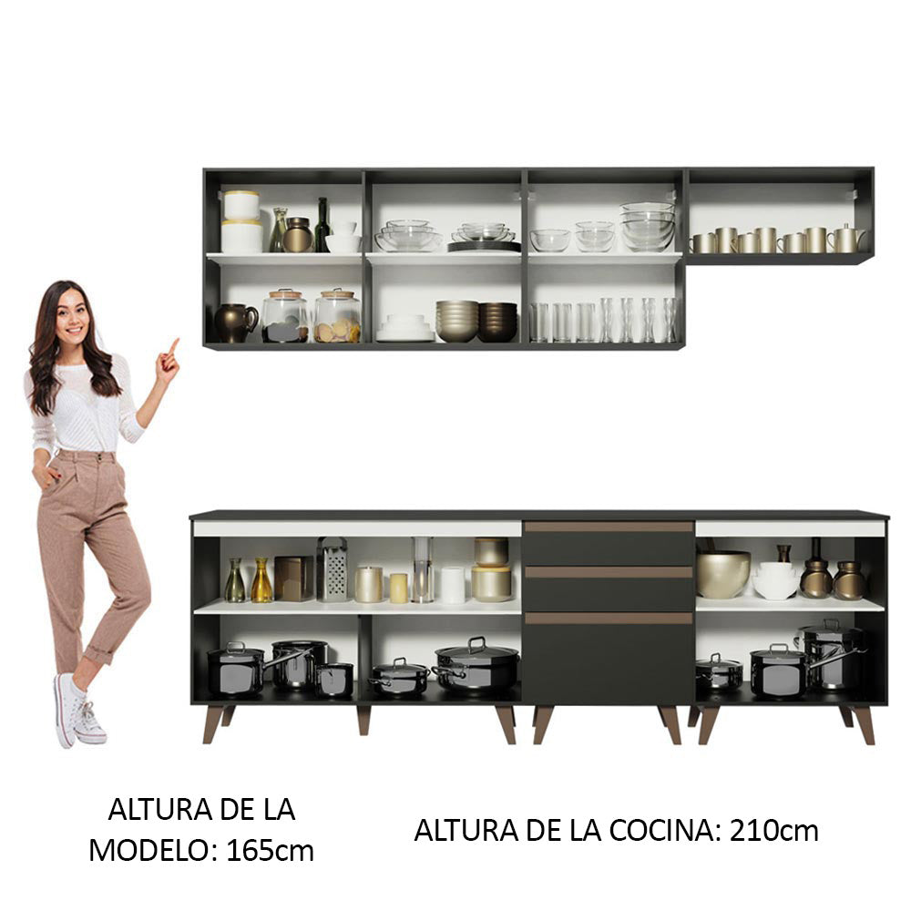 Cocina Integral 250 x 52 cm 8 Puertas 3 Cajones Negro Reims Madesa