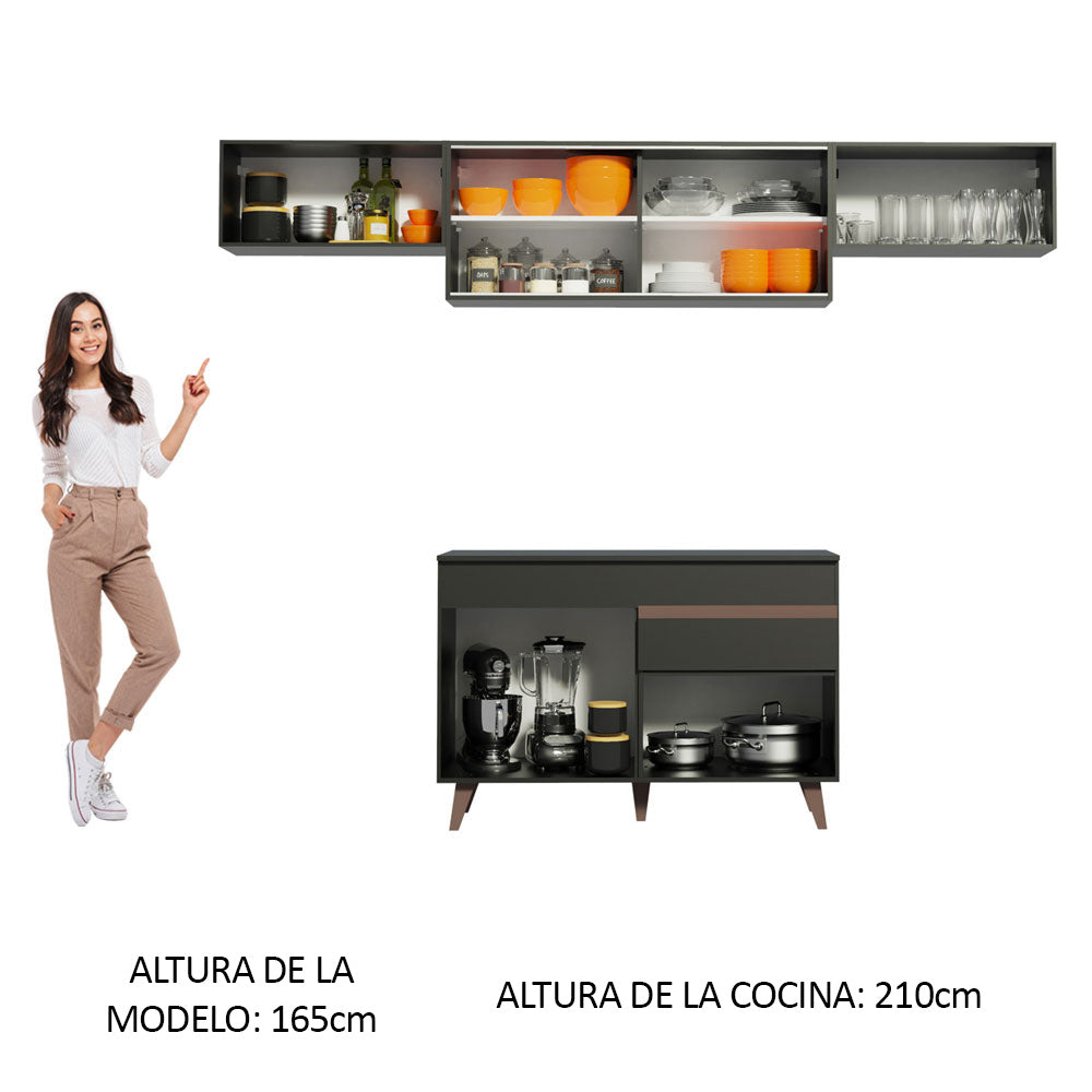 Cocina Integral 260 x 52 cm 6 Puertas 1 Cajón Negro Reims Madesa