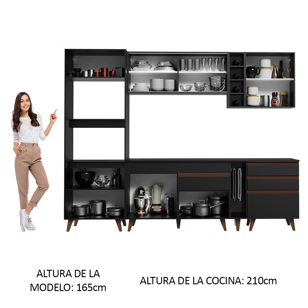 Cocina Integral 270 x 52 cm 8 Puertas 4 Cajones Con Mueble para Horno Negro Reims Madesa 01