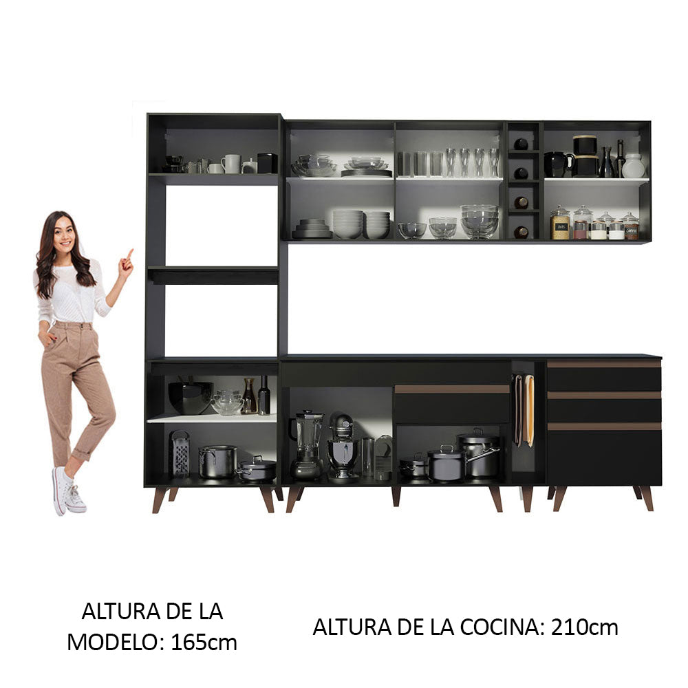 Cocina Integral 270 x 52 cm 8 Puertas 4 Cajones Con Mueble para Horno Negro Reims Madesa 02