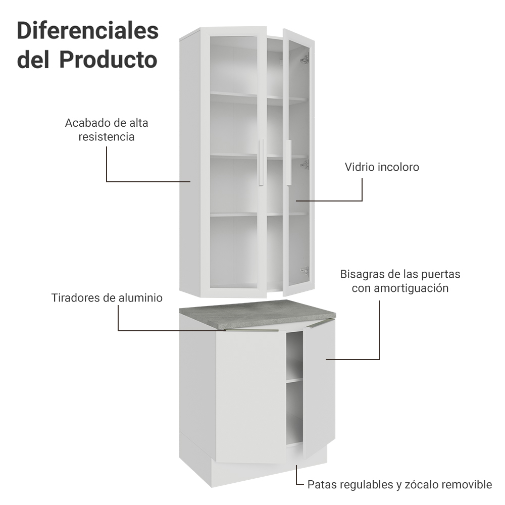 Kit Gabinete Bajo 2 Puertas y Vitrina 70 cm Blanco Stella Madesa
