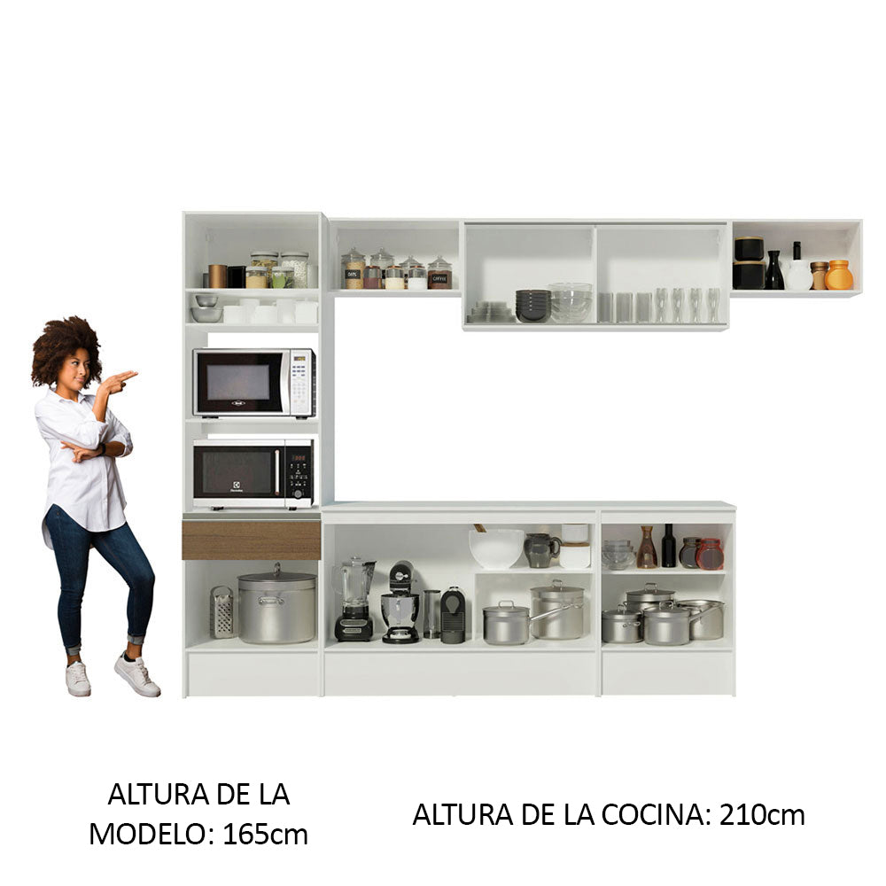 Cocina Integral 300 x 52 cm 9 Puertas 1 Cajón Con Mueble para Horno Blanco/Marrón Topázio Madesa