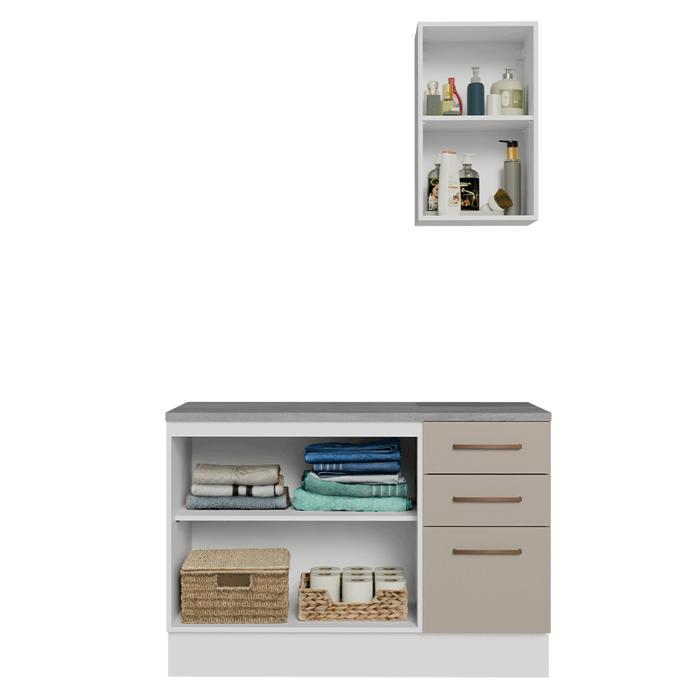 Kit Gabinete Bajo y Gabinete Superior para Baño 120 cm 3 Puertas 3 Cajones Blanco/Crema Agata Madesa