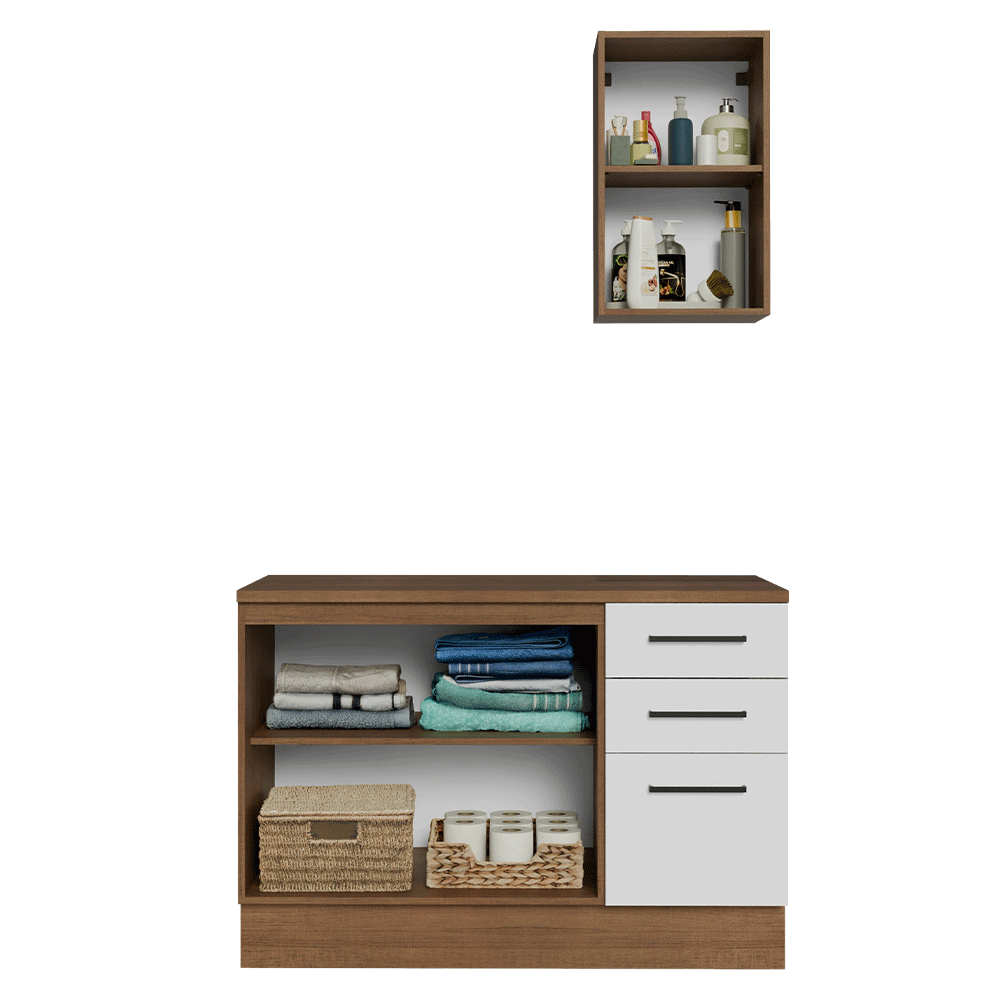 Kit Gabinete Bajo y Gabinete Superior para Baño 120 cm 3 Puertas 3 Cajones Marrón/Blanco Agata Madesa