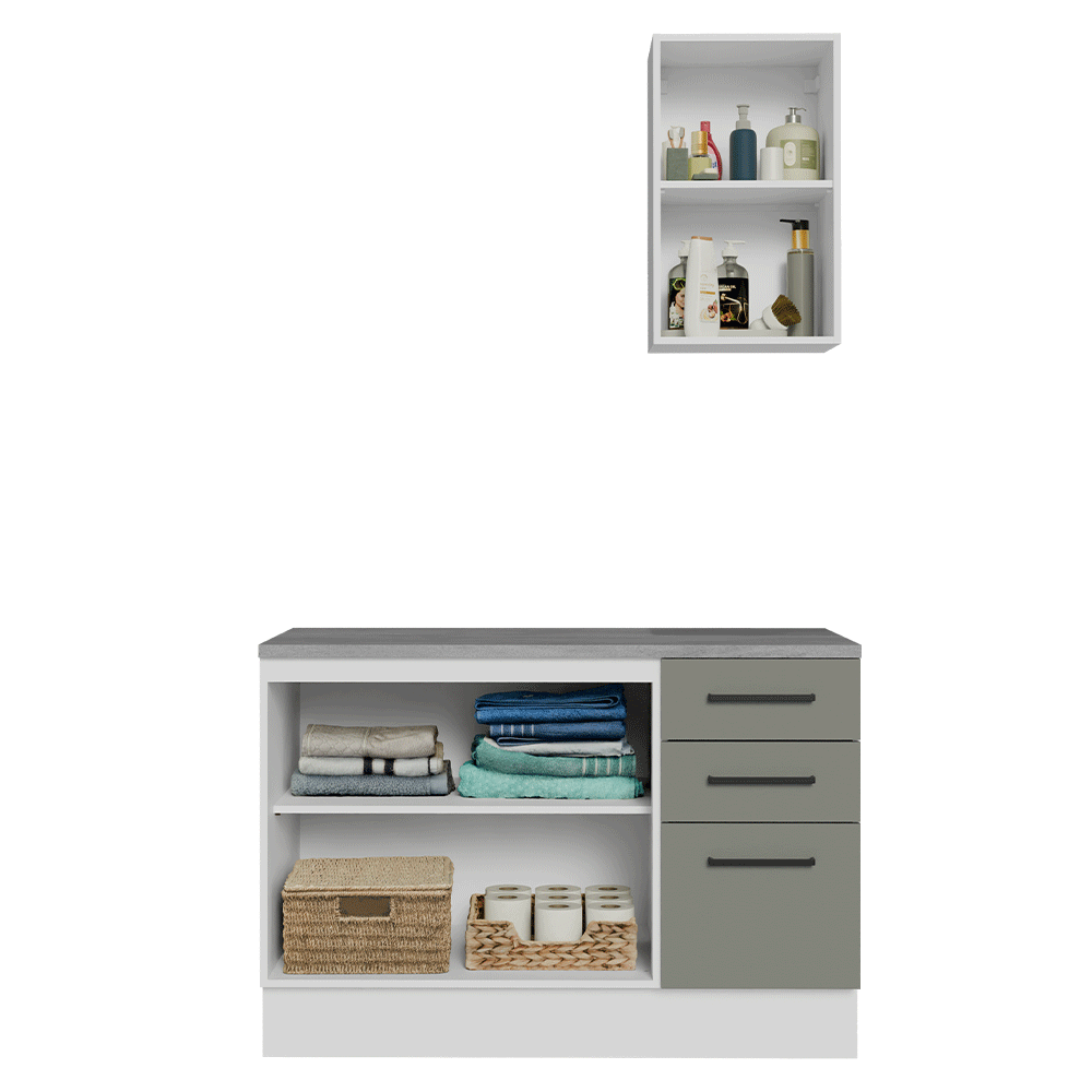 Kit Gabinete Bajo y Gabinete Superior para Baño 120 cm 3 Puertas 3 Cajones Blanco/Gris Agata Madesa