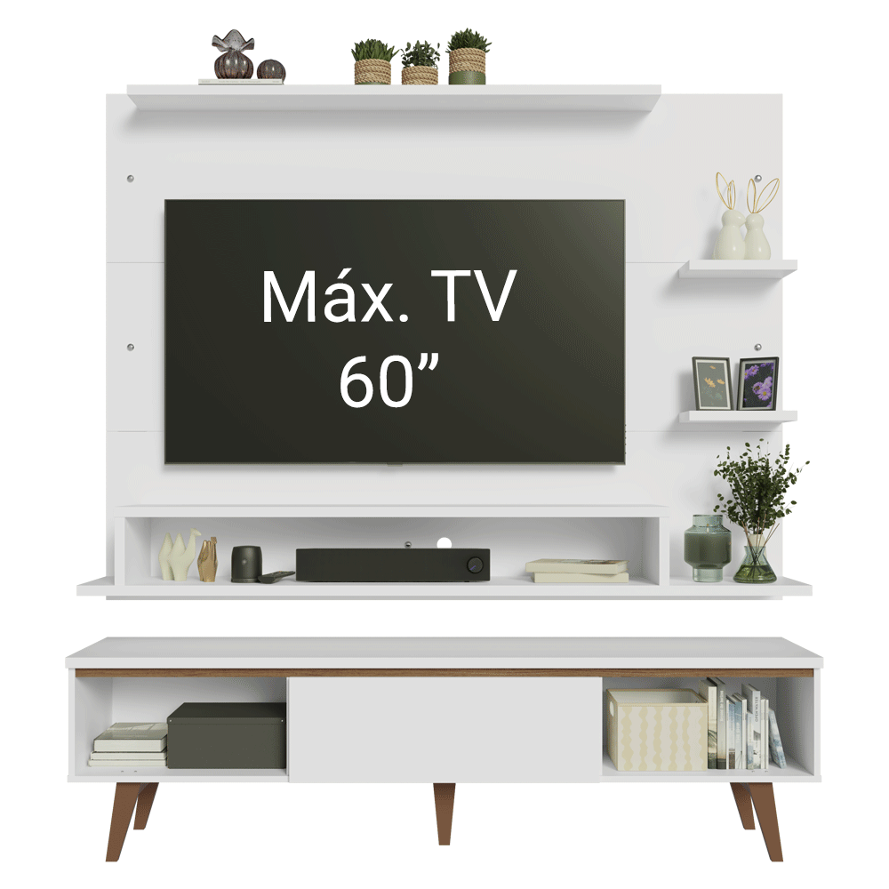 Mueble con Panel para TV hasta 60 Pulgadas 180 cm con patas Blanco/Marrón Reims Madesa