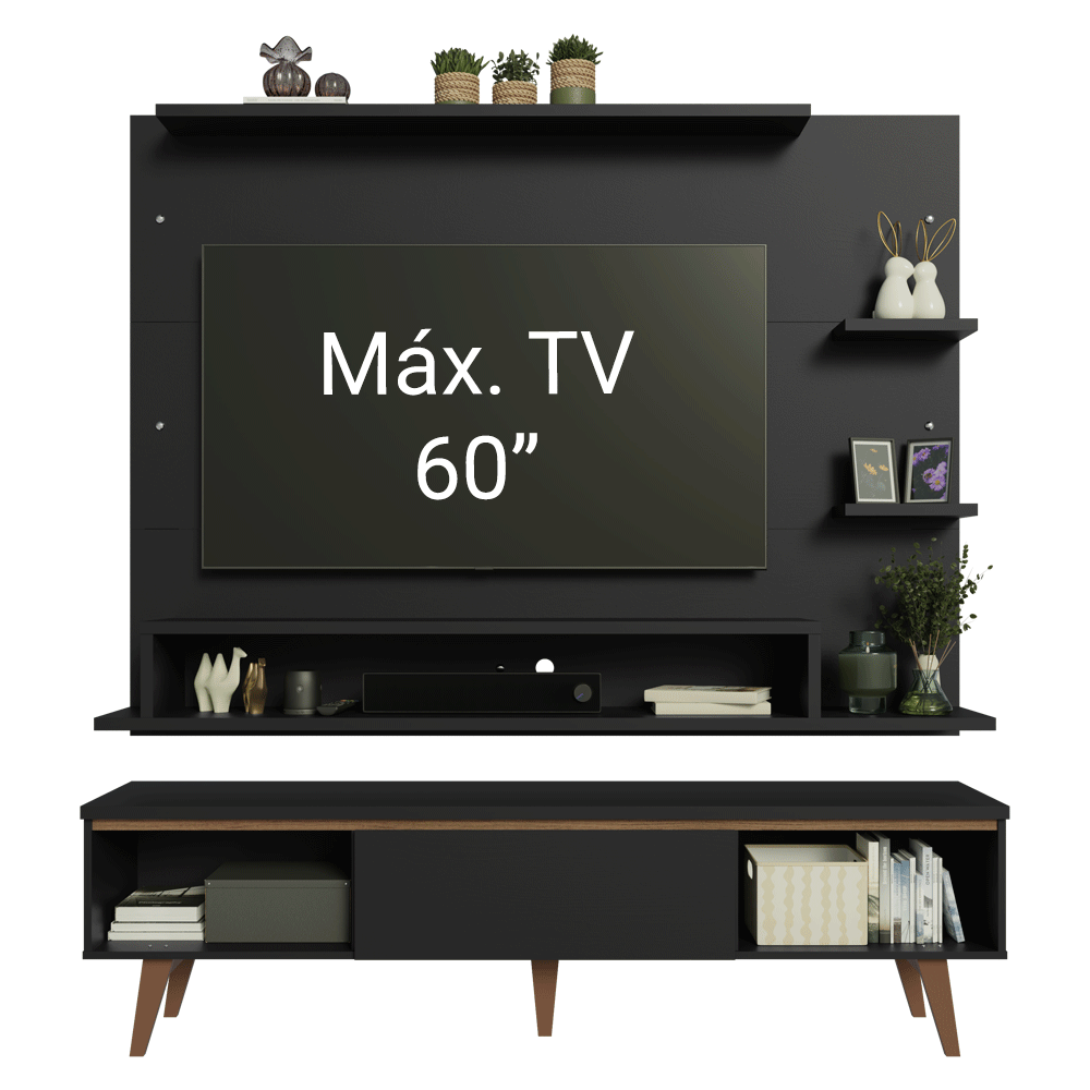 Mueble con Panel para TV hasta 60 Pulgadas 180 cm con patas Negro/Marrón Reims Madesa