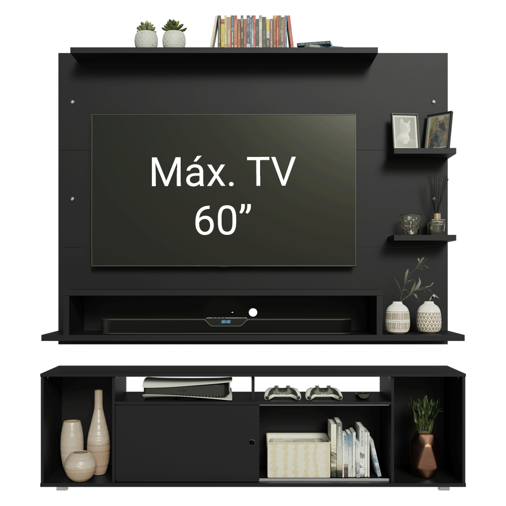 Mueble con Panel para TV hasta 60 Pulgadas 180 cm Negro Cancun Madesa