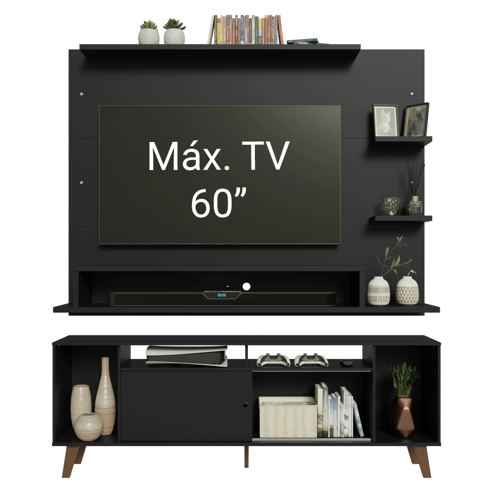 Mueble con Panel para TV hasta 60 Pulgadas 180 cm con patas Negro/Marrón Cancun Madesa