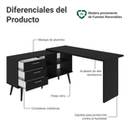 Escritorio Esquinero Gamer 302 cm 3 Cajones Negro Madesa