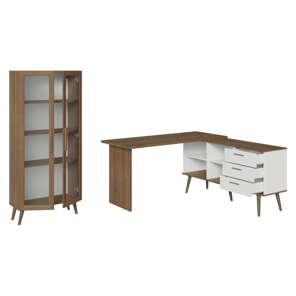 Kit Escritorio Esquinero 3 Cajones y Vitrina Multiuso Marrón/Blanco Madesa