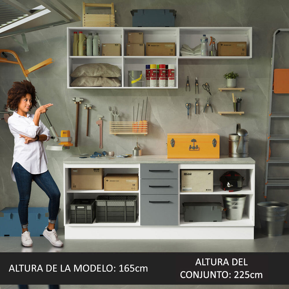 Kit Gabinete Bajo y Gabinete Superior Multiuso 200 cm Blanco/Gris Agata Madesa
