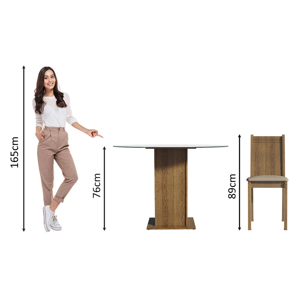 Conjunto de Comedor con Encimera Vidrio Circular 4 Sillas Marrón/Beige Paula Madesa