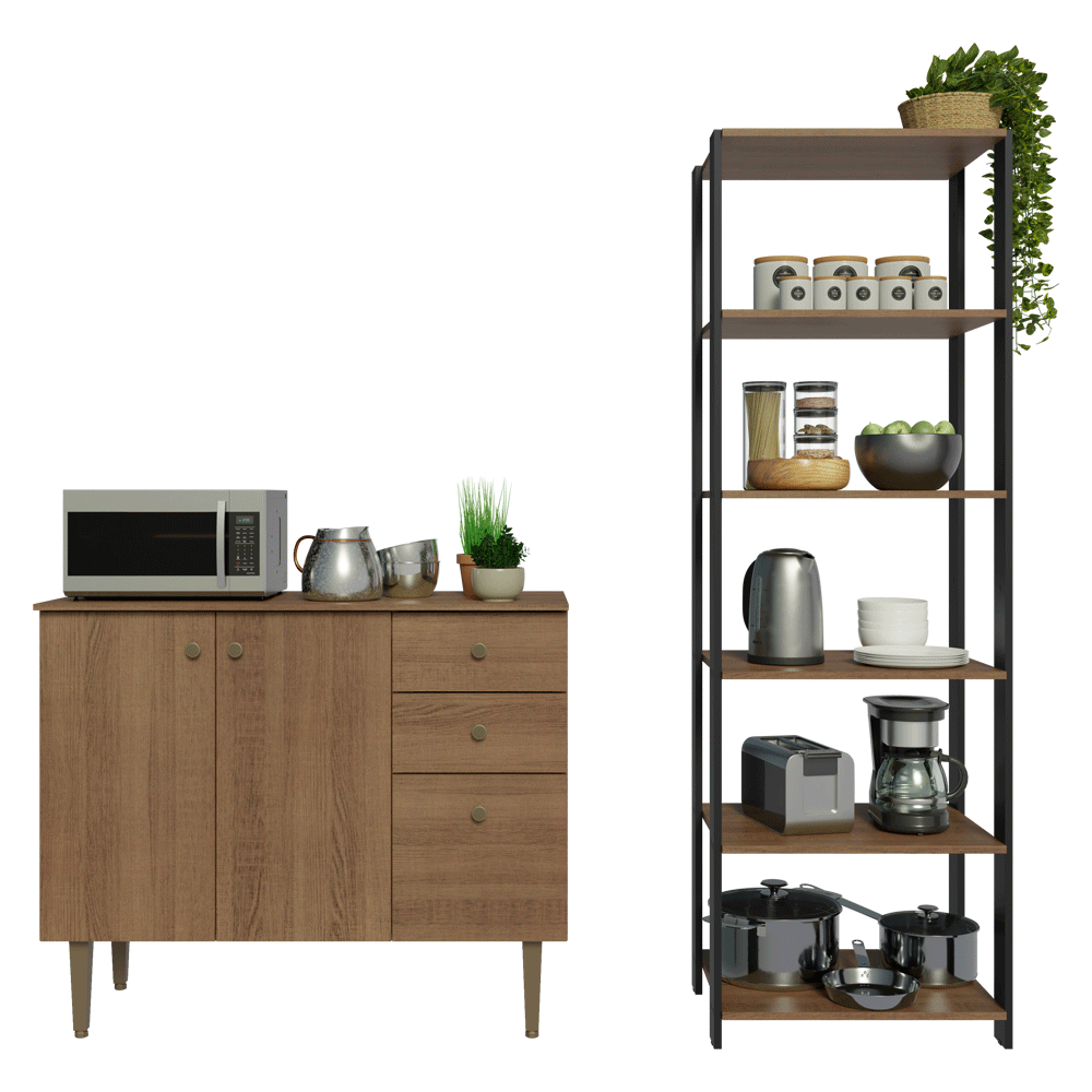 Kit Cocina Gabinete Bajo 3 Puertas 2 Cajones y Estante Despensero 5 Niveles Marrón/Negro