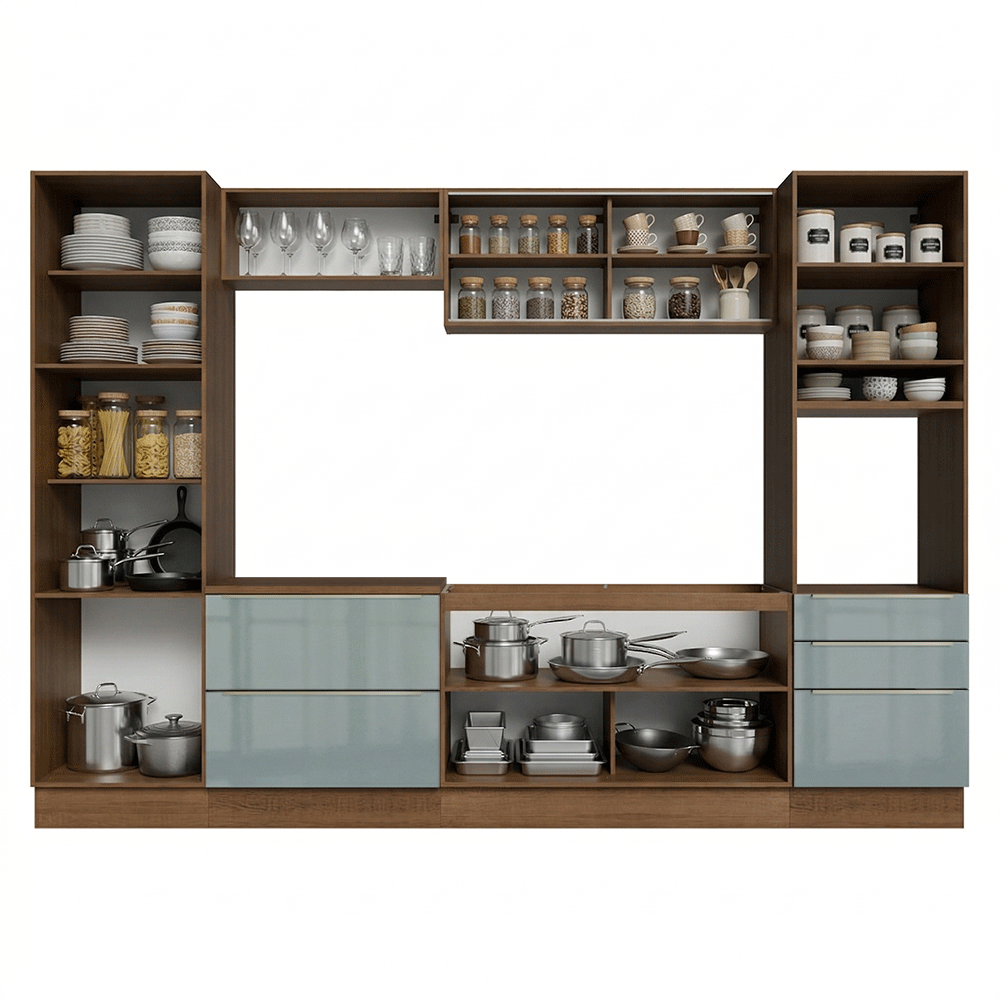 Cocina Integral 320 x 60 cm 9 Puertas 5 Cajones Con Mueble para Horno Marrón/Gris Lux Madesa 01
