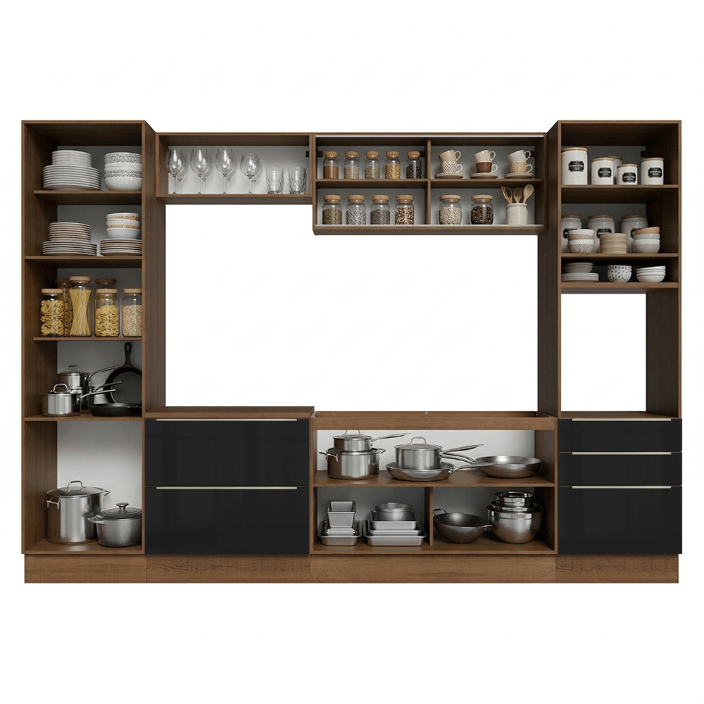 Cocina Integral 320 x 60 cm 9 Puertas 5 Cajones Con Mueble para Horno Marrón/Negro Lux Madesa 01