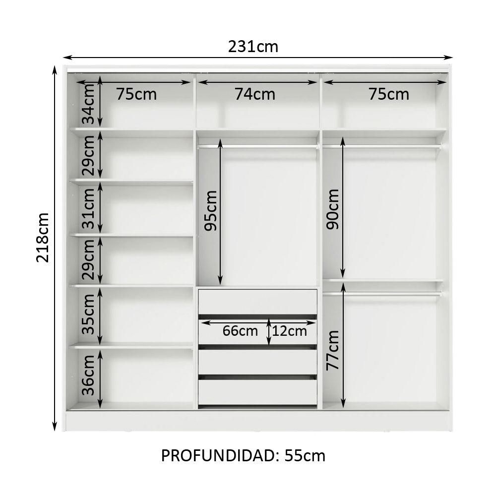Clóset Matrimonial 100% MDF con Espejo Royale 3 Puertas Correderas Blanco