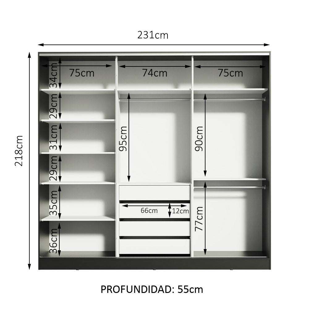 Clóset Matrimonial 231 cm 3 Puertas Corredizas Con 2 Espejos 100% MDF Negro Royale Madesa