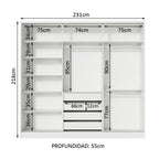 Clóset Matrimonial 231 cm 3 Puertas Corredizas Con 2 Espejos 100% MDF Blanco/Marrón Royale Madesa