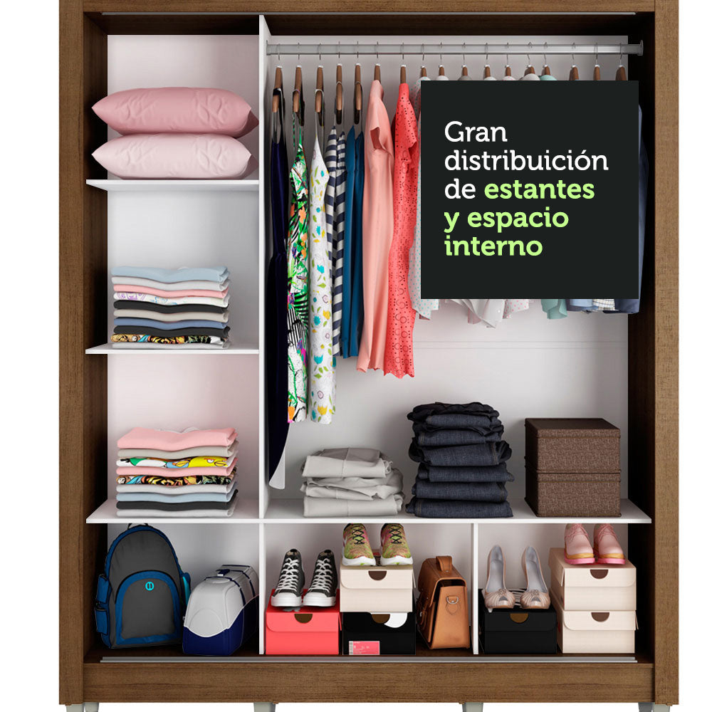 Clóset Matrimonial 170 cm 3 Puertas Corredizas Con 3 Espejos con Patas Marrón Monaco Madesa