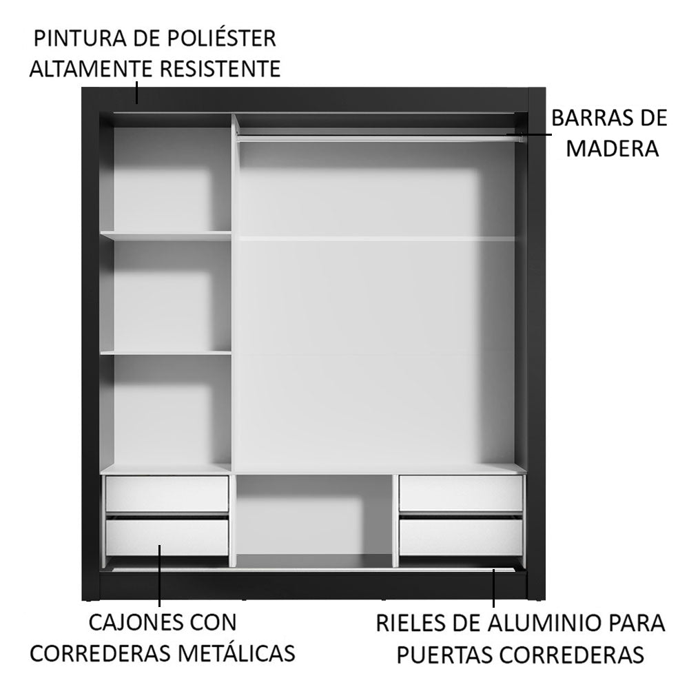 Clóset Matrimonial Lyon Plus 3 Puertas Correderas 4 Cajones Negro/Blanco