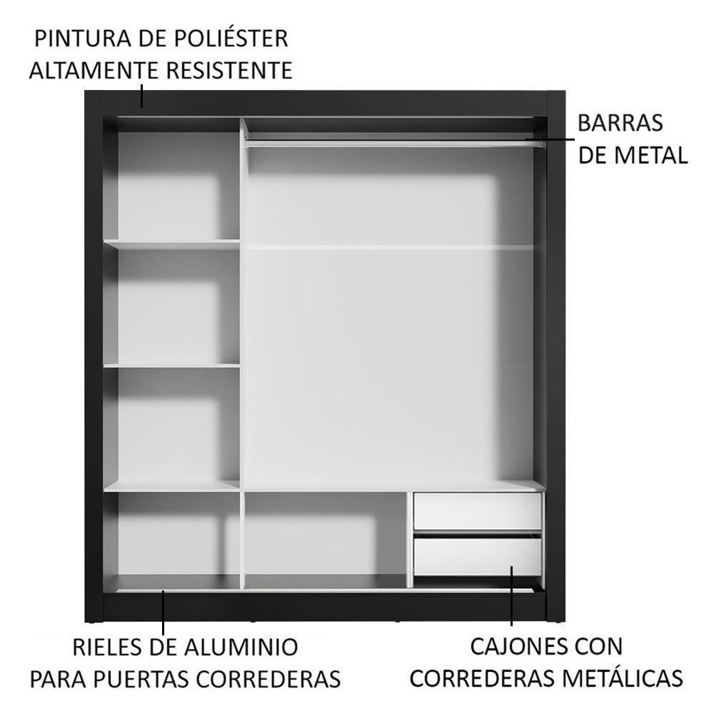 Clóset Matrimonial Lyon 3 Puertas Correderas con Espejo 2 Cajones Negro