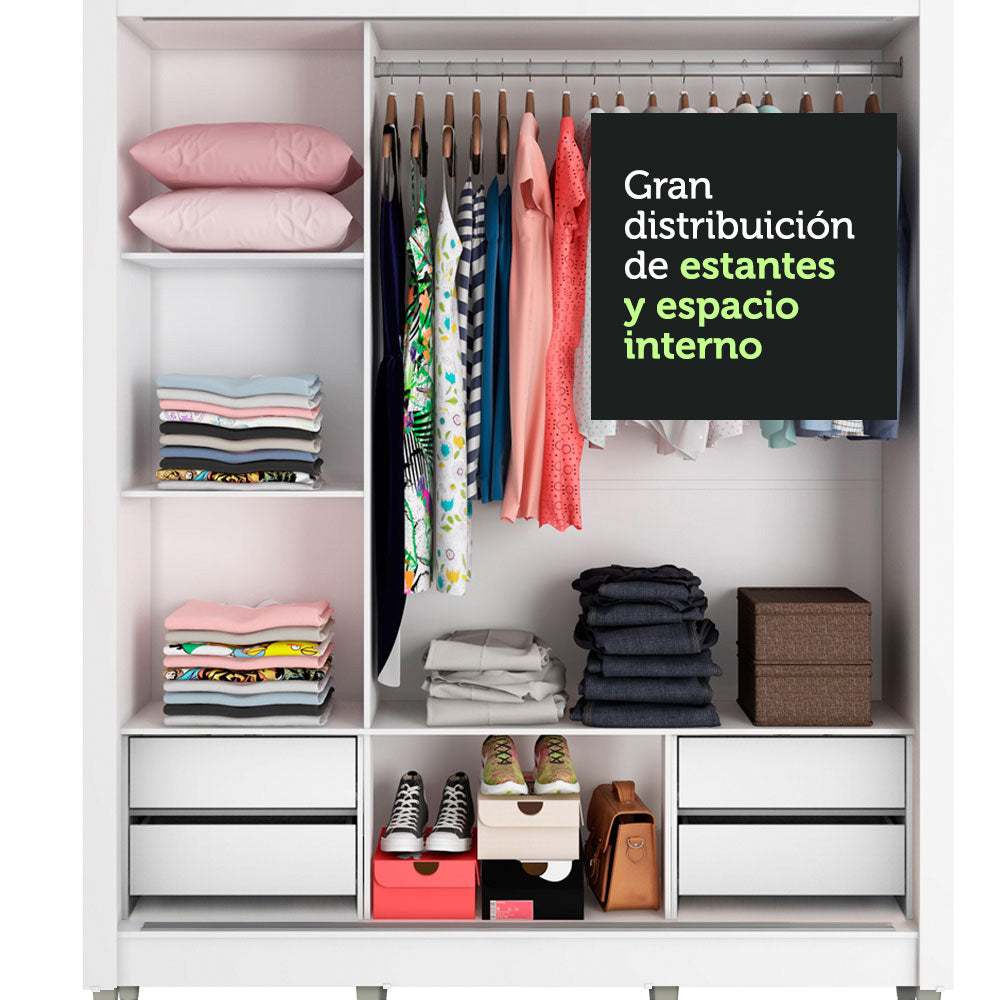 Clóset Matrimonial Lyon Plus 3 Puertas Correderas con Espejos 4 Cajones con Patas Blanco/Marrón