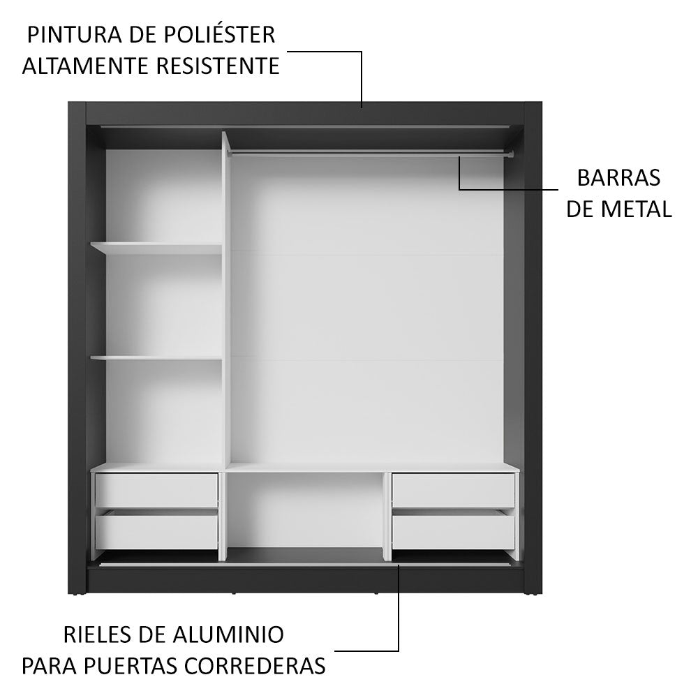Clóset Matrimonial 170 cm 3 Puertas Corredizas 4 Cajones Con 1 Espejo Negro Sublime Madesa