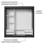 Clóset Matrimonial 170 cm 3 Puertas Corredizas 4 Cajones Con 1 Espejo Negro Sublime Madesa