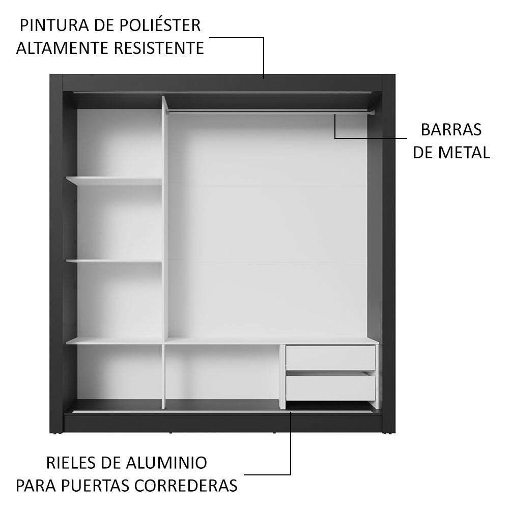Clóset Matrimonial 170 cm 3 Puertas Corredizas 2 Cajones Negro/Gris Sublime Madesa